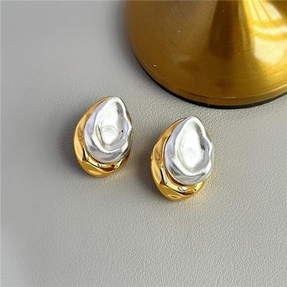 2-in-1 Two Tone Geometric Earrings | Gold & Silver Chunky Dangle Stud Earrings - Picture 3 of 4
